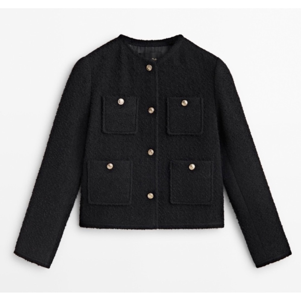 Massimo Dutti Jacket Textured Boucle Gold Button Black Large